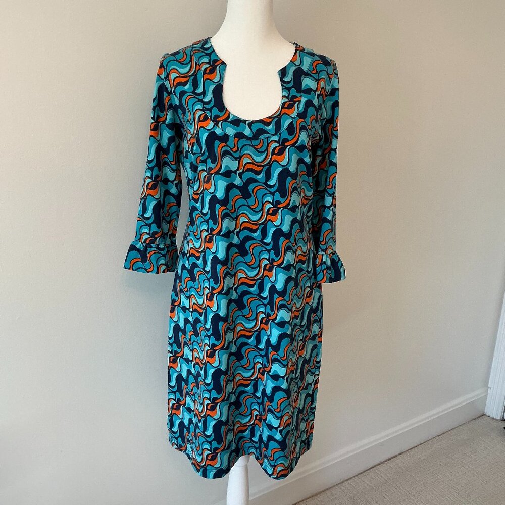 Katherine Way Multi Blue Waves With Pops of Orange - Size Small